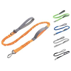 multifunctional explosion proof nylon bungee dog leash with comfort sponge handle, carabiner clip and no pull ergonomic grip for for walking